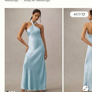 BHLDN Selma Blue Halter-Neck Satin Maxi Dress